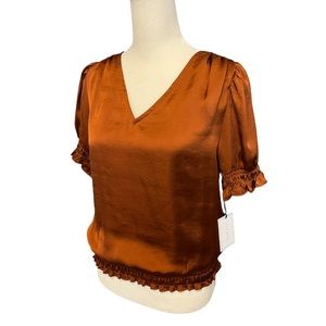 NWT 1. State Smocked Waist V-Neck Short Sleeve Ruched Puff Sleeve Blouse